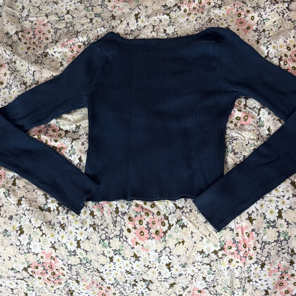 Navy Long Sleeve Ribbed Top - Picture 2 of 4